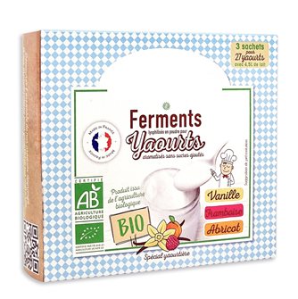 Ferments lyophilisés bio pour yaourts maison 3 parfums vanille framboise abricot